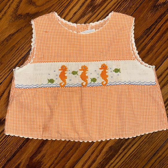 Rags Land Smocked Swimming Fish Seahorse Outfit Cropped Gingham Ric Rac Set 4T - Picture 3 of 4